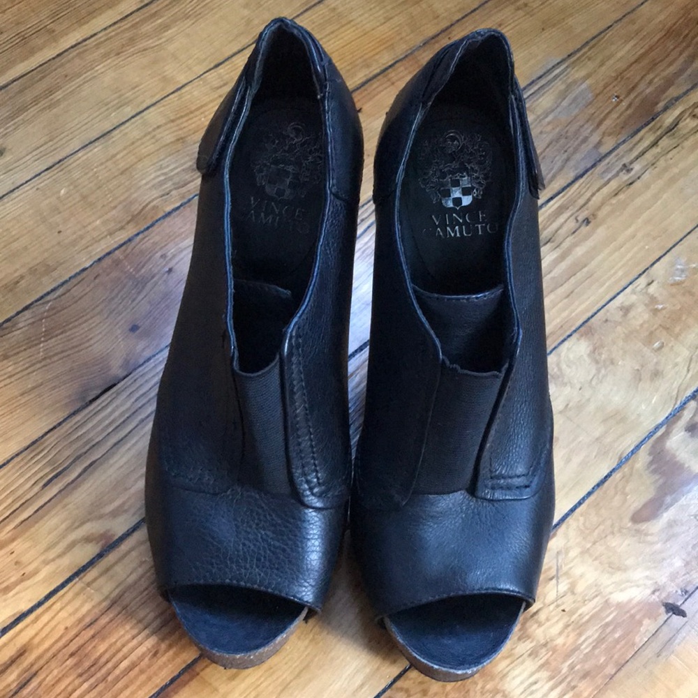 Vince Camuto leather peep toe platform booties.